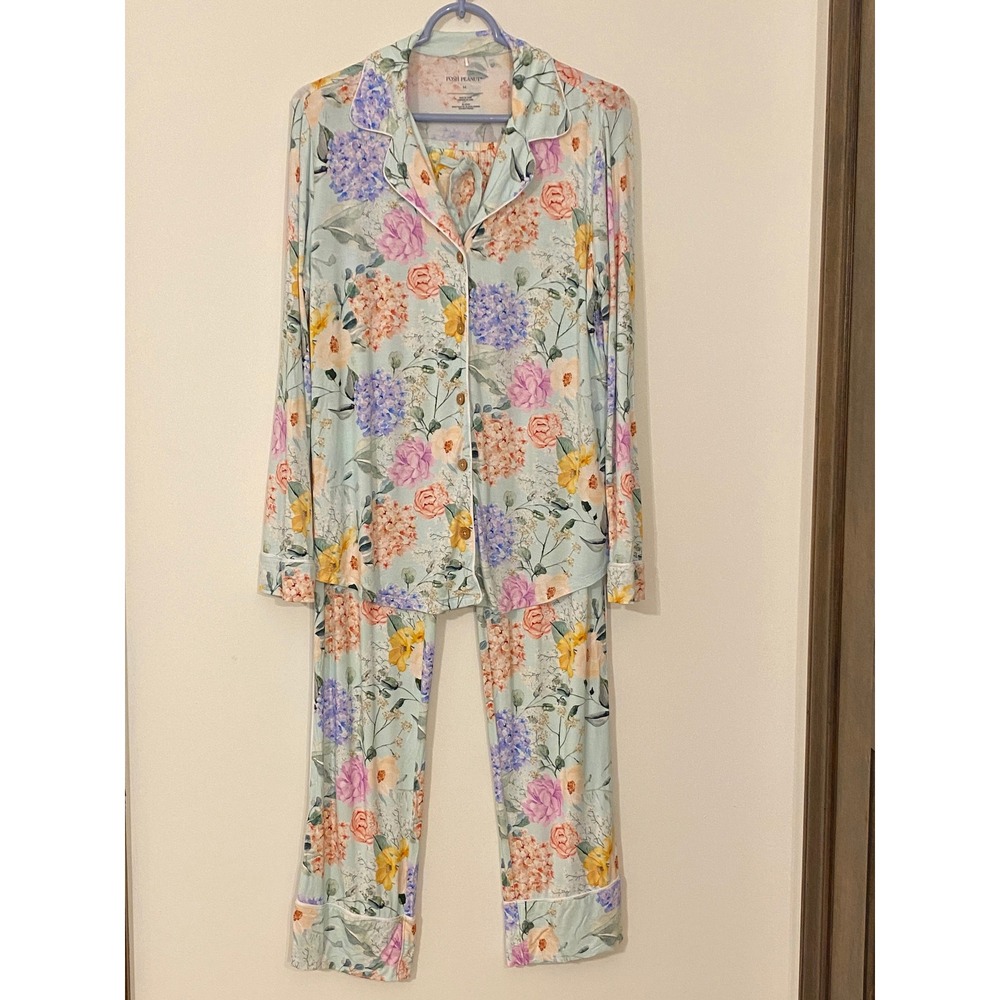 Posh Peanut Women Pajama Set M Blue Floral Bamboo Viscose Long Sleeve Pants PJs
